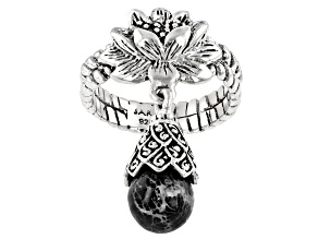 Pre-Owned Black Indonesian Coral Silver Lotus Band Ring