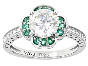Pre-Owned Moissanite and Zambian emerald platineve ring 1.64ctw DEW.