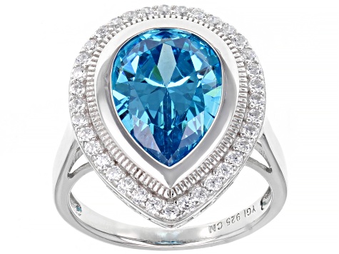 Pre-Owned Blue And White Cubic Zirconia Rhodium Over Sterling Silver Ring 10.10ctw