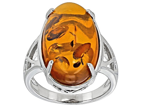 Pre-Owned Orange Amber Rhodium Over Sterling Silver Solitaire Ring