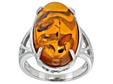 Pre-Owned Orange Amber Rhodium Over Sterling Silver Solitaire Ring