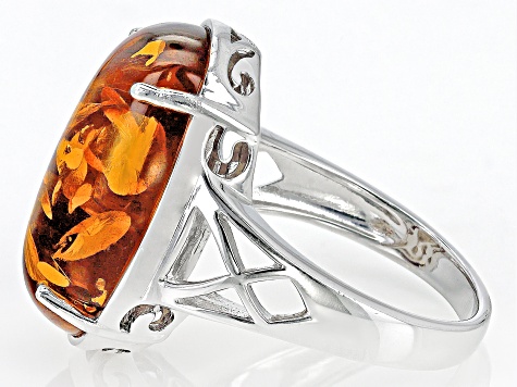 Pre-Owned Orange Amber Rhodium Over Sterling Silver Solitaire Ring