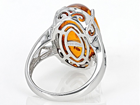 Pre-Owned Orange Amber Rhodium Over Sterling Silver Solitaire Ring
