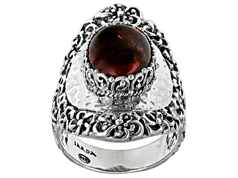 Pre-Owned Orange Pressed Amber Silver Frangipani Ring