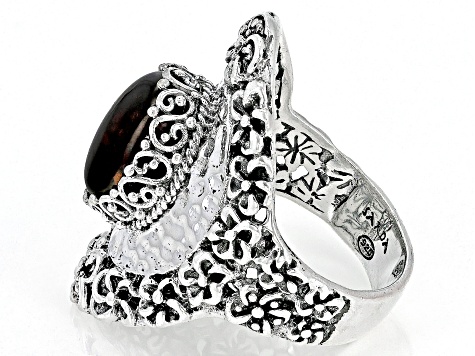 Pre-Owned Orange Pressed Amber Silver Frangipani Ring