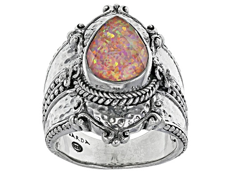 Pre-Owned Lab Created Salmon Pink Opal Quartz Doublet Silver Ring