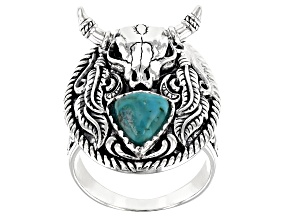 Pre-Owned Mens 8mm Trillion Turquoise Rhodium Over Silver Longhorn Cattle Skull Ring