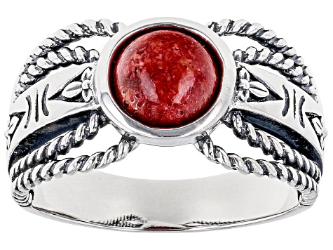 Pre-Owned Red Coral Sterling Silver Ring