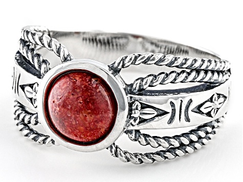 Pre-Owned Red Coral Sterling Silver Ring