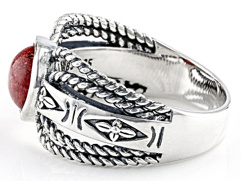 Pre-Owned Red Coral Sterling Silver Ring