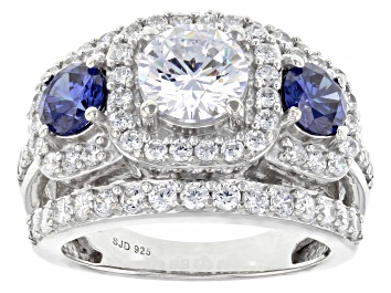 Picture of Pre-Owned Blue And White Cubic Zirconia Rhodium Over Sterling Silver Ring 5.65ctw
