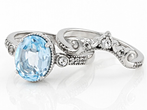 Pre-Owned Sky Blue Glacier Topaz Rhodium Over Sterling Silver Ring Set 3.05ctw
