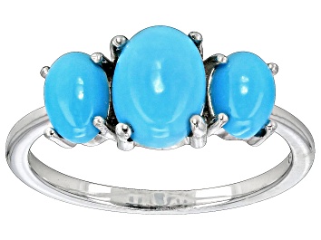 Picture of Pre-Owned Blue Sleeping Beauty Turquoise Rhodium Over Sterling Silver 3-Stone Ring