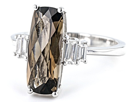 Pre-Owned Brown Smoky Quartz With White Zircon Rhodium Over Sterling Silver Ring 3.33ctw