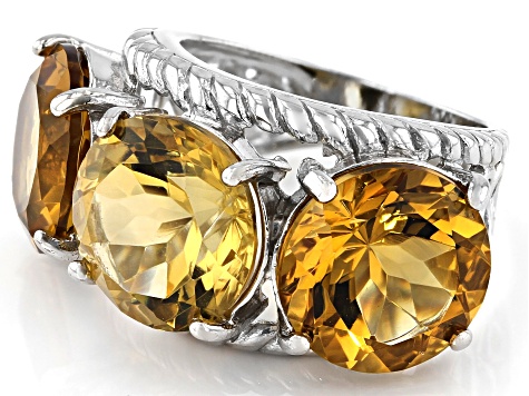 Pre-Owned Yellow Brazilian Citrine Rhodium Over Sterling Silver 3-Stone Ring 18.00ctw