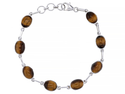 Pre-Owned Brown Tigers Eye Rhodium Over Sterling Silver Bracelet