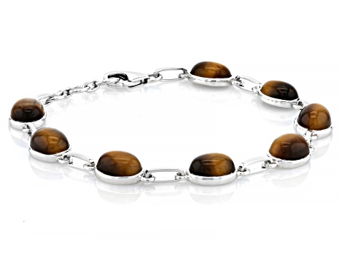 Pre-Owned Brown Tigers Eye Rhodium Over Sterling Silver Bracelet
