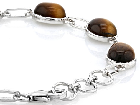 Pre-Owned Brown Tigers Eye Rhodium Over Sterling Silver Bracelet