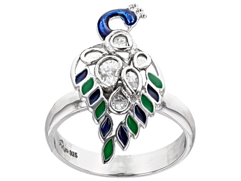 Pre-Owned Polki Diamond With Enamel Peacock Sterling Silver Ring