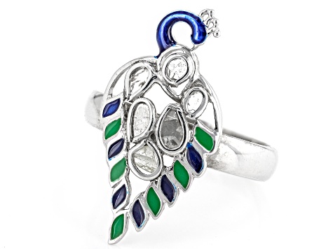Pre-Owned Polki Diamond With Enamel Peacock Sterling Silver Ring