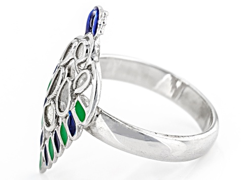 Pre-Owned Polki Diamond With Enamel Peacock Sterling Silver Ring