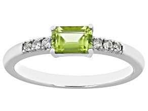 Pre-Owned Green Peridot  With White Zircon Rhodium Over Sterling Silver August Birthstone Ring .58ct