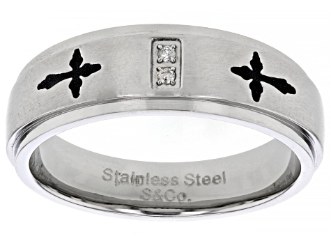 Pre-Owned White Diamond Accent Stainless Steel Mens Cross Ring