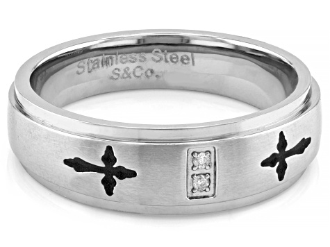 Pre-Owned White Diamond Accent Stainless Steel Mens Cross Ring