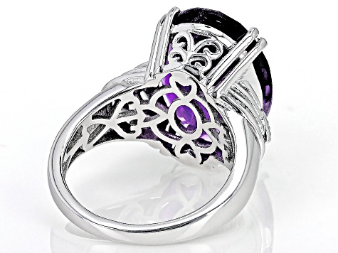 Pre-Owned Purple African Amethyst With White Zircon Rhodium Over Sterling Silver Ring 9.22ctw