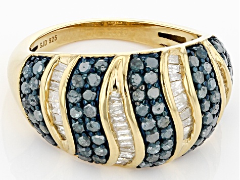 Pre-Owned Blue And White Diamond 14k Yellow Gold Over Sterling Silver Wide Band Ring 1.50ctw
