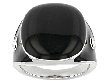 Pre-Owned Black Enamel with Crystal Accents Silver Tone Ring