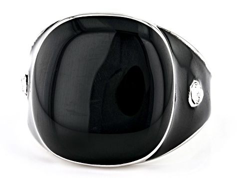 Pre-Owned Black Enamel with Crystal Accents Silver Tone Ring