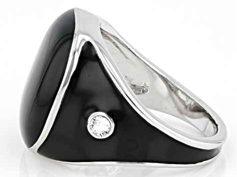 Pre-Owned Black Enamel with Crystal Accents Silver Tone Ring