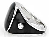 Pre-Owned Black Enamel with Crystal Accents Silver Tone Ring