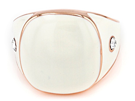 Pre-Owned Cream Color Enamel with White Crystal Accents Rose Tone Ring