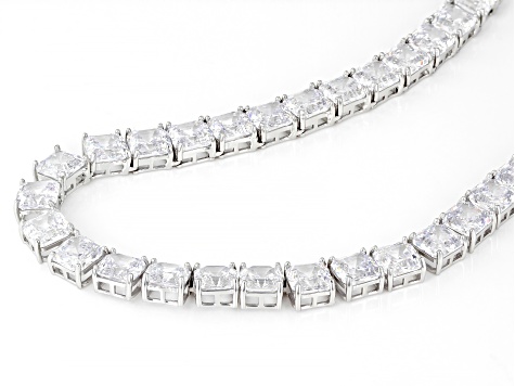 Pre-Owned White Cubic Zirconia Rhodium Over Sterling Silver Asscher Cut Tennis Necklace 84.42ctw
