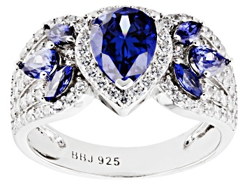 Picture of Pre-Owned Blue And White Cubic Zirconia Rhodium Over Sterling Silver Ring 4.70ctw