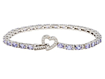 Picture of Pre-Owned Blue Tanzanite Rhodium Over Sterling Silver Heart Tennis Bracelet 5.19ctw