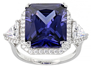 Picture of Pre-Owned Blue And White Cubic Zirconia Rhodium Over Sterling Silver Ring 18.17ctw