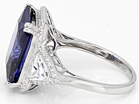 Pre-Owned Blue And White Cubic Zirconia Rhodium Over Sterling Silver Ring 18.17ctw