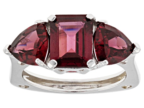 Pre-Owned Magenta Rhodolite Rhodium Over Silver 3-Stone Ring 4.84ctw