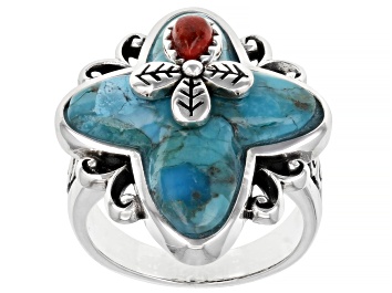 Picture of Pre-Owned Turquoise & Sponge Coral Rhodium Over Silver Ring