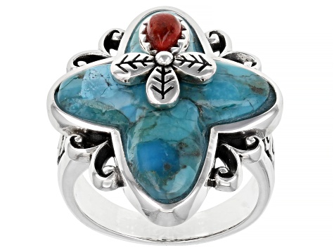 Pre-Owned Turquoise & Sponge Coral Rhodium Over Silver Ring