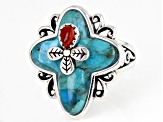 Pre-Owned Turquoise & Sponge Coral Rhodium Over Silver Ring