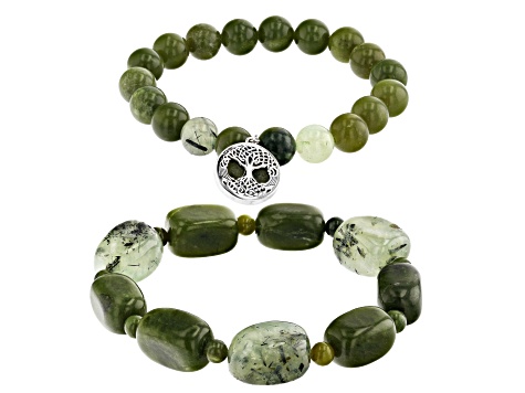 Pre-Owned Connemara Marble, Prehnite Tree of Life Silver Set of 2 Bracelets