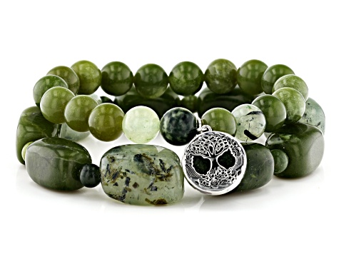 Pre-Owned Connemara Marble, Prehnite Tree of Life Silver Set of 2 Bracelets