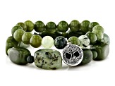 Pre-Owned Connemara Marble, Prehnite Tree of Life Silver Set of 2 Bracelets