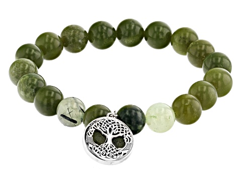 Pre-Owned Connemara Marble, Prehnite Tree of Life Silver Set of 2 Bracelets