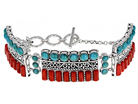 Pre-Owned Blue Turquoise and Red Sponge Coral Station Bracelet