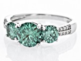 Pre-Owned Green and Colorless Moissanite Platineve 3 Stone Ring 2.36ctw DEW